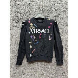 Versace Logo Cutout Jersey Graphic Pullover Sweatshirt Black Kids Size 8A